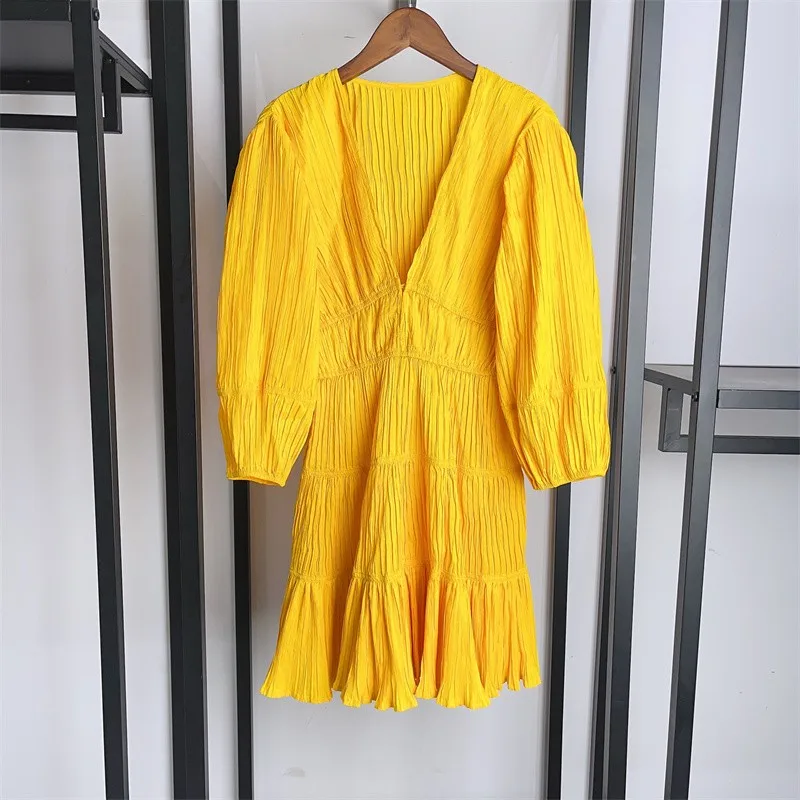 

M Home Summer New Sle High Waist ort Dr V Ne Bubble Sve Floral Princ Sweet Polyester Fiber Gown