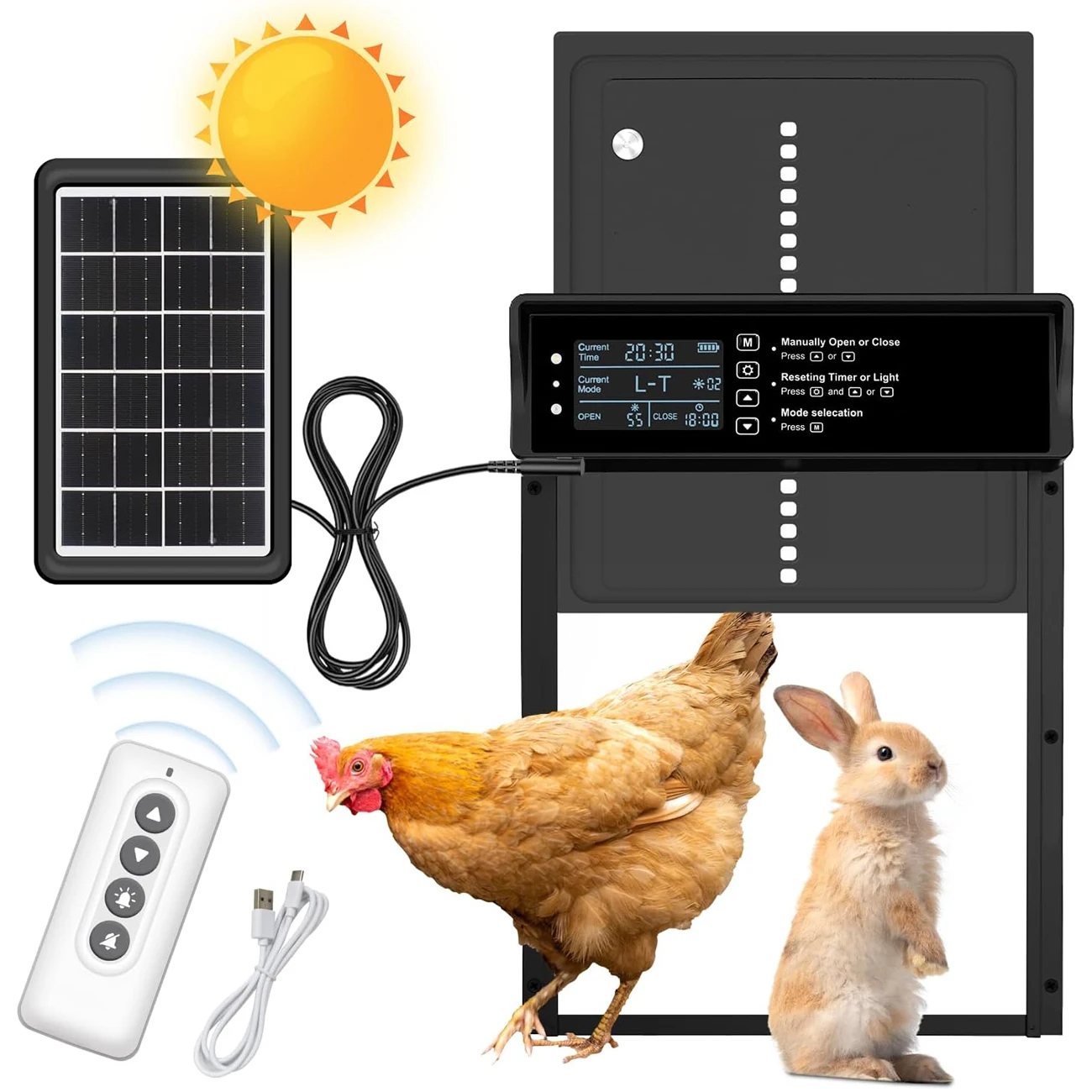 

Solar Auto Chicken Coop Door Automatic Chicken Door Solar Powered & USB Charging Chicken Door 4 Modes with Timer & Light Senso