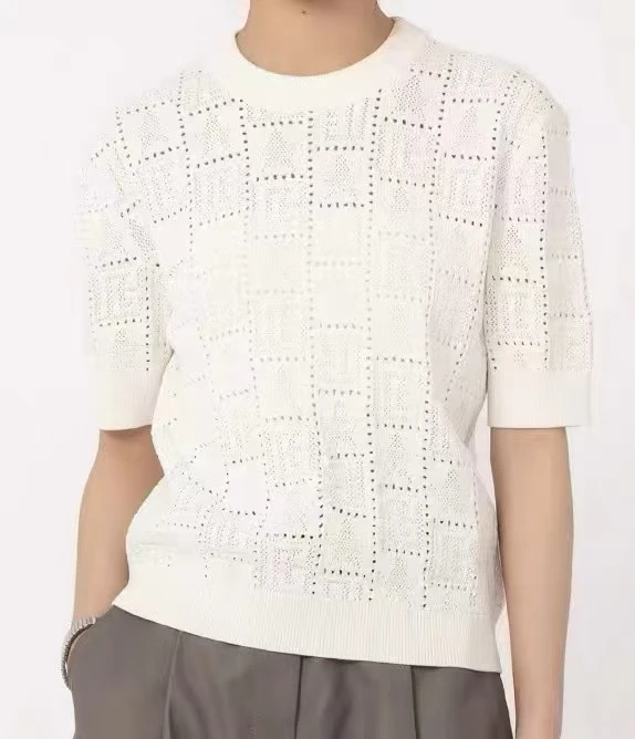 2025 verão oco malha camisola t feminino sólido coreano elegante senhoras malhas topos de manga curta em torno do pescoço chique jumpers