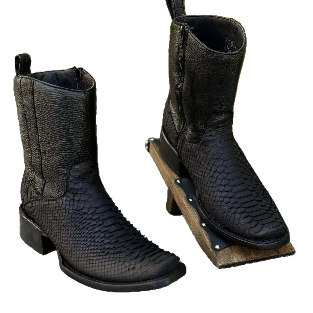 2025 Pointed Toe Boots Fashion Slip-on Men's Shoes Luxury Party Shoes Crocodile Square Toe Snake Pattern Mid-cowboy Western Boot