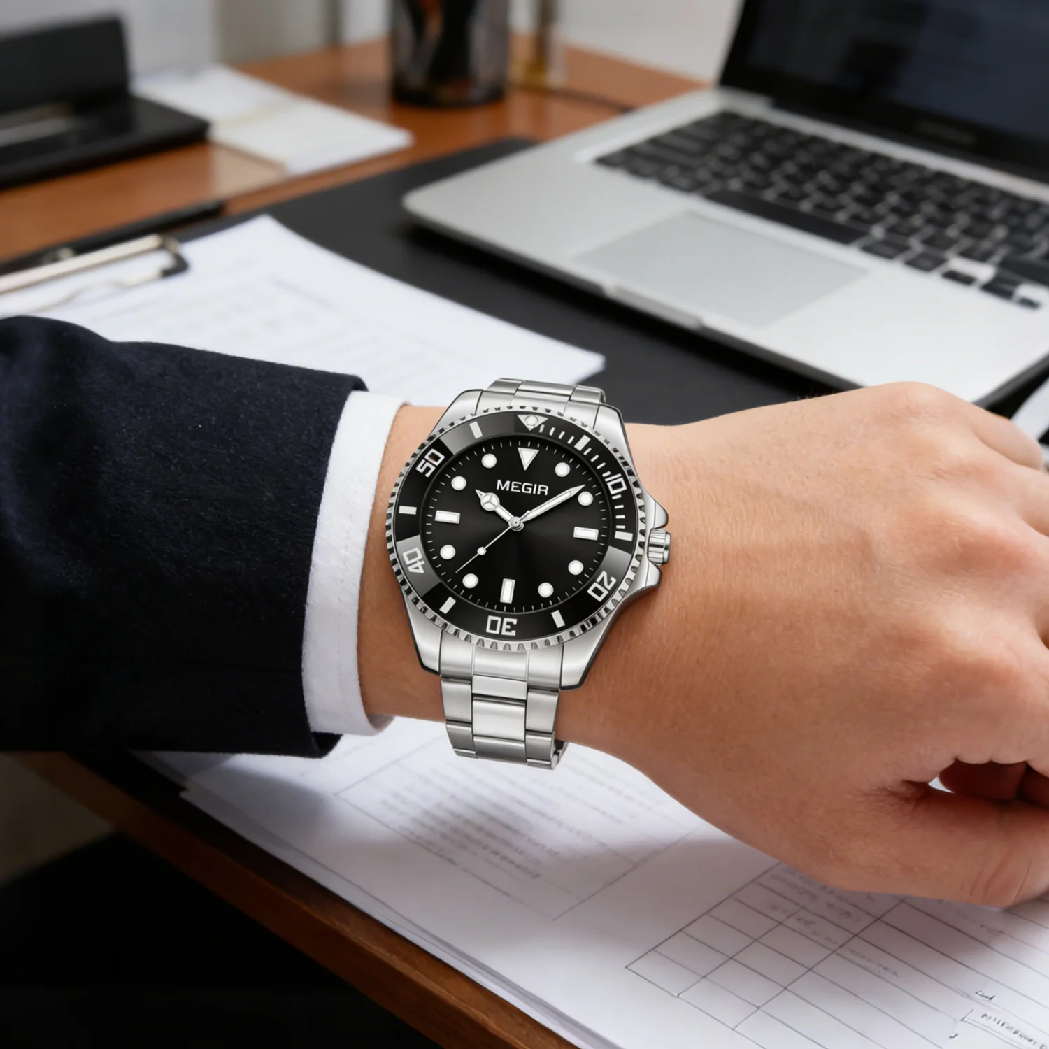 MEGIR Men Classic Fashion Analog Watch Stainless Steel Band Waterproof Quartz Business Sport Wristwatch with Date Reloj Hombre