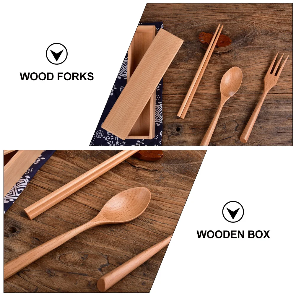 

Wooden Chopsticks Spoon Set Durable Portable Tableware Camping Outdoor Forks Spoons Wood Cutlery Wooden Box Kitchen Bar Tools