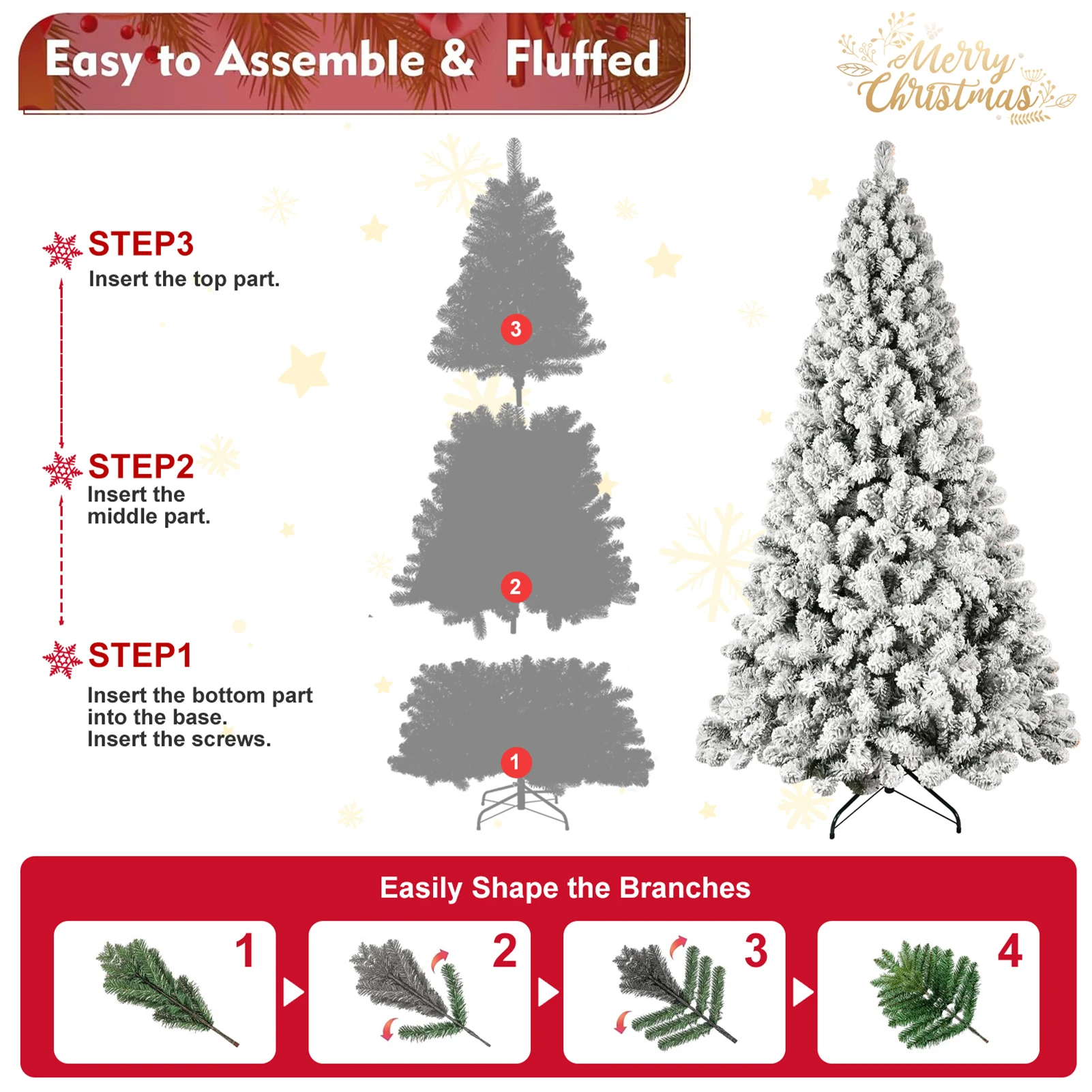 Artificial Christmas Decoration Tree PVC Flocked w/ LED UL String Light Xmas Tree Easy Assemble Foldable Holiday Xmas Ornaments