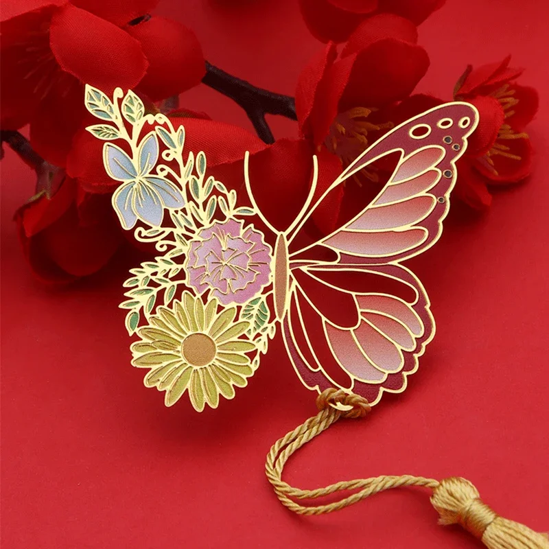 Chinese Style Metal Butterfly Flower Bookmarks Exquisitely Hollow Tassel Pendant Book Clip Students Reading Tool School Supplies