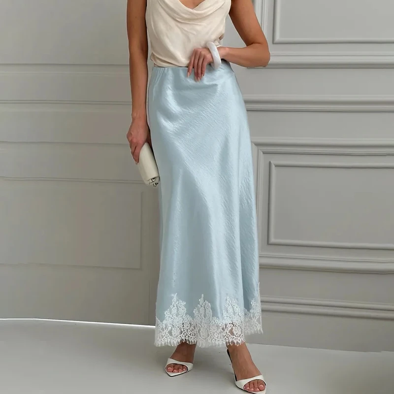 

Tornova Lace Splice Satin Skirt For Women Elegant Slim High Waist Long Skirts Autumn 2025 New Fashion Commuting Party Clothes