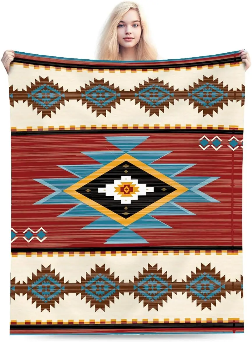 Boho Western Tribal Geometric Throw Blanket, Traditional Native Color Block Warm Fleece Couch Trip Rustic Household Decoration