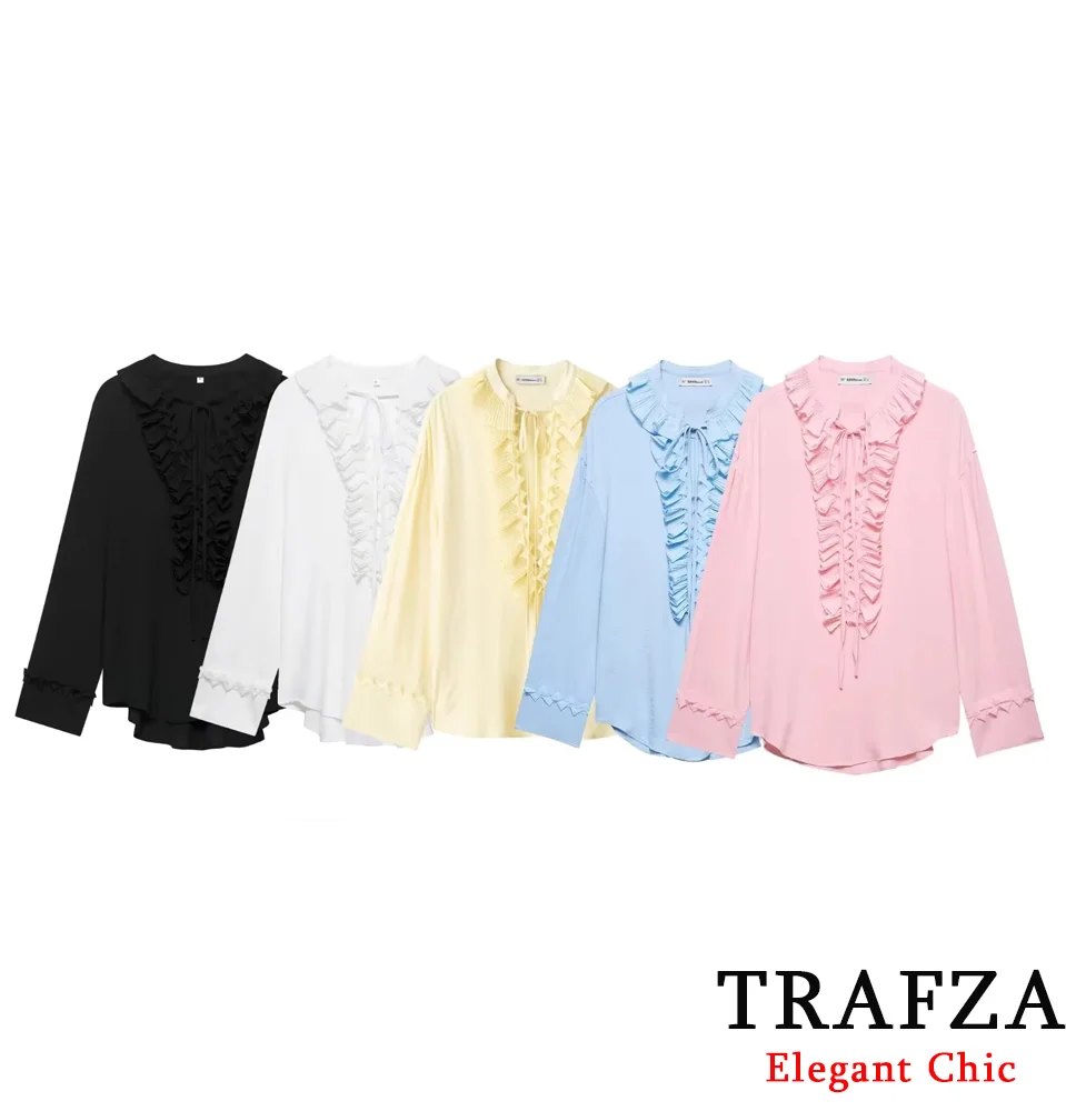 

TRAFZA Women Butter Yellow Shirts Lace-up Ruffled Long Sleeve V-neck Shirts 2025 Fashion Spring Summer Party Holiday Shirts Tops