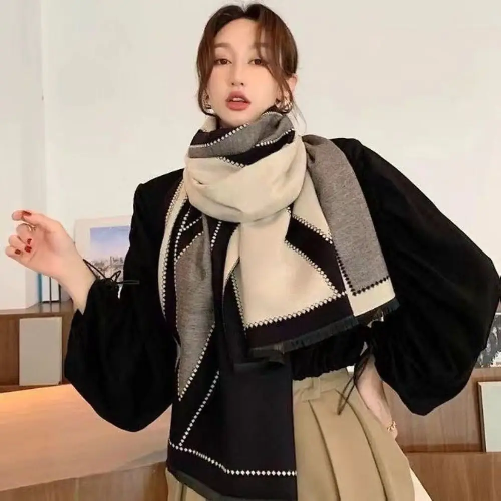 180*65cm 인조 캐시미어 스카프 편안한 가을 겨울 따뜻한 여성용 숄 랩 프린트 스트라이프 기하학적 넥 가드 숄