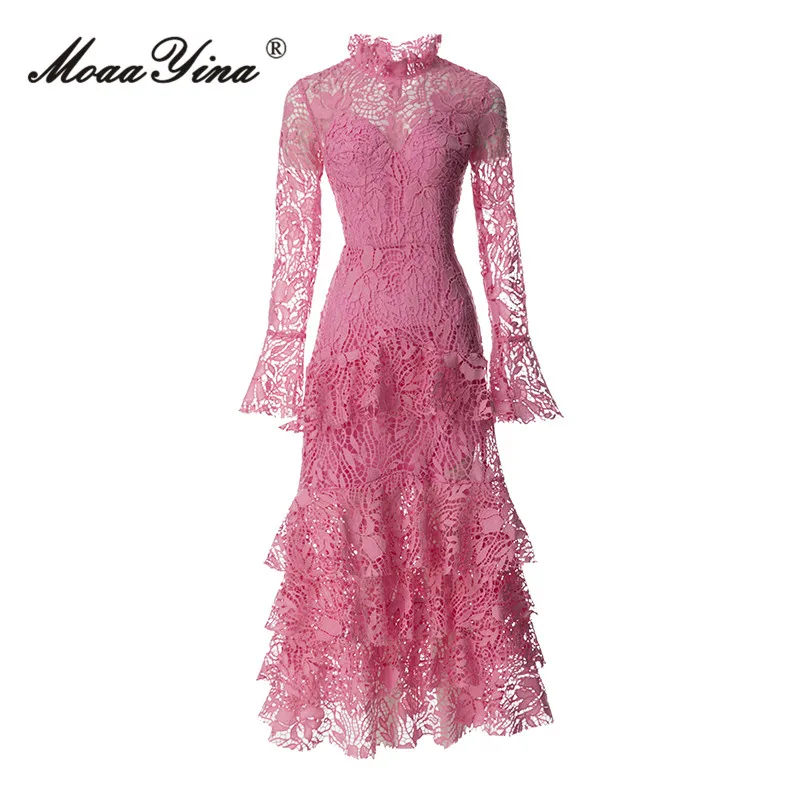 

MoaaYina Summer Fashion Runway Pink Vintage Party Dress Women's Stand Collar Long Sleeve Cascading Ruffle Hollow Out Midi Dress
