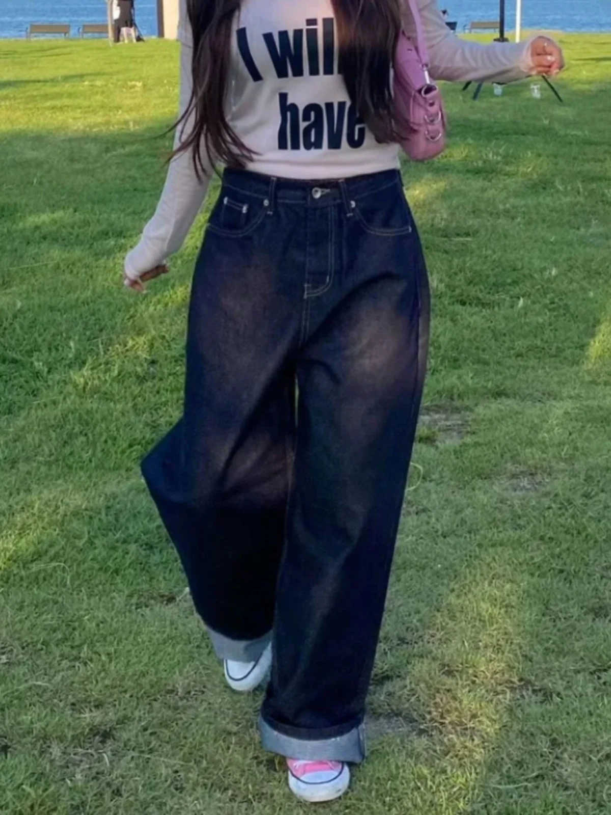 Retro Waed Pierna recta suelta Pierna ancha Pantalones vaqueros casuales hasta el suelo Pantalones vaqueros con botones Ba para mujer Pantalones largos casuales versátiles...