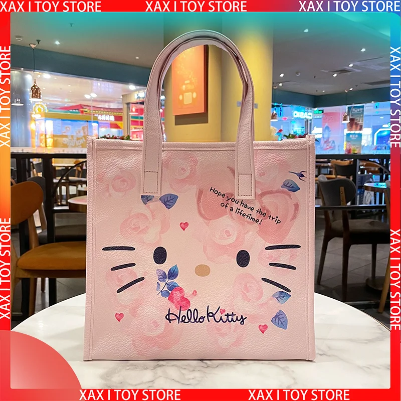 

New Matte Pink Leopard Print Hello Kitty Pu Tote Bag Shoulder Bag Love Girl Heart Large Capacity Commuter Handbag Bag For Women