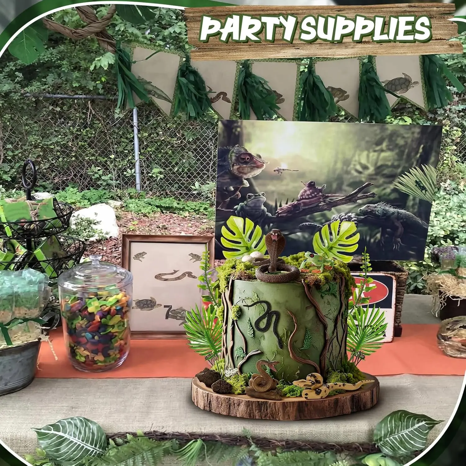 19 Pcs Snake Cake Toppers Decorations Artificial Snake Tree Frog Model Stone Leaf Tree Stump Set Reptile Party Decoration