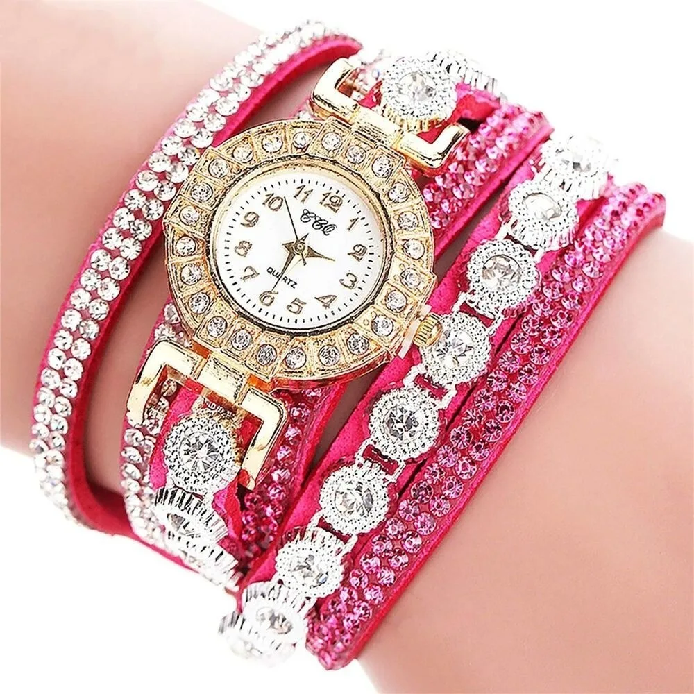 High Quality PU Leather Round Watch Quartz With Diamond Bracelet Watches Alloy Quartz Wrist Watches