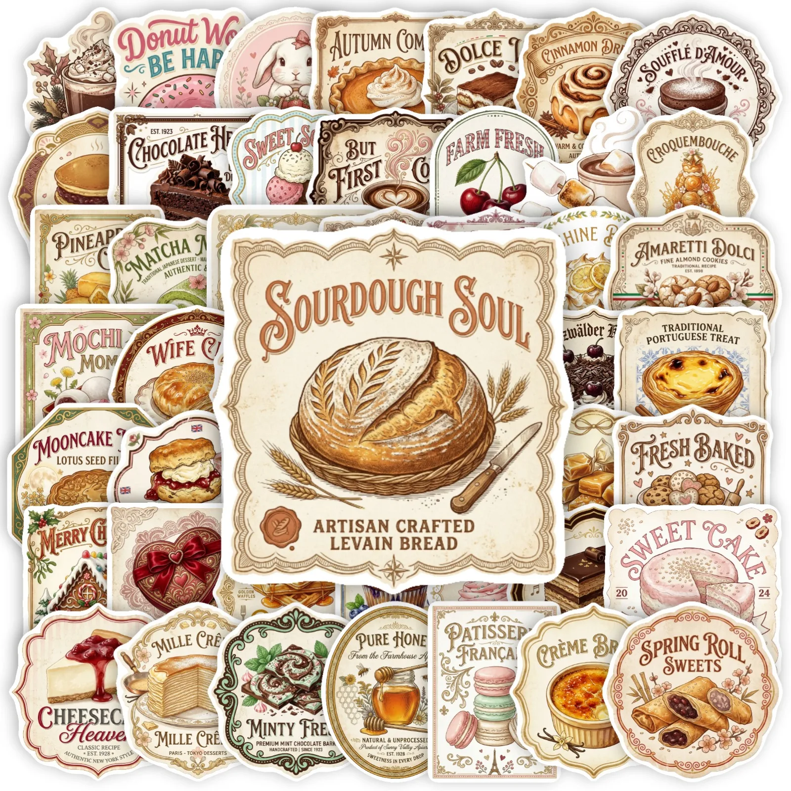 50 PCS Exquisite Retro Food Theme Dessert Graffiti Stickers Pack Decorate Lunch Box Cabinet Fridge Scrapbook Removable Decals