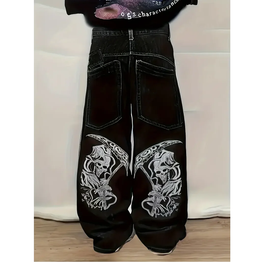Men's Casual Straight Leg Jeans Skeleton Print Cotton Blend Washed Comfortable Fit All-Season Pocket Pants