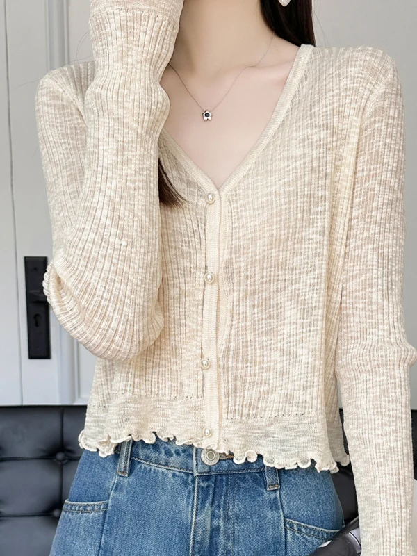 Ropa de protección solar de seda helada de punto fino de verano para mujer chaleco largo Sve V-Ne longitud Regular Color puro viaje Sle