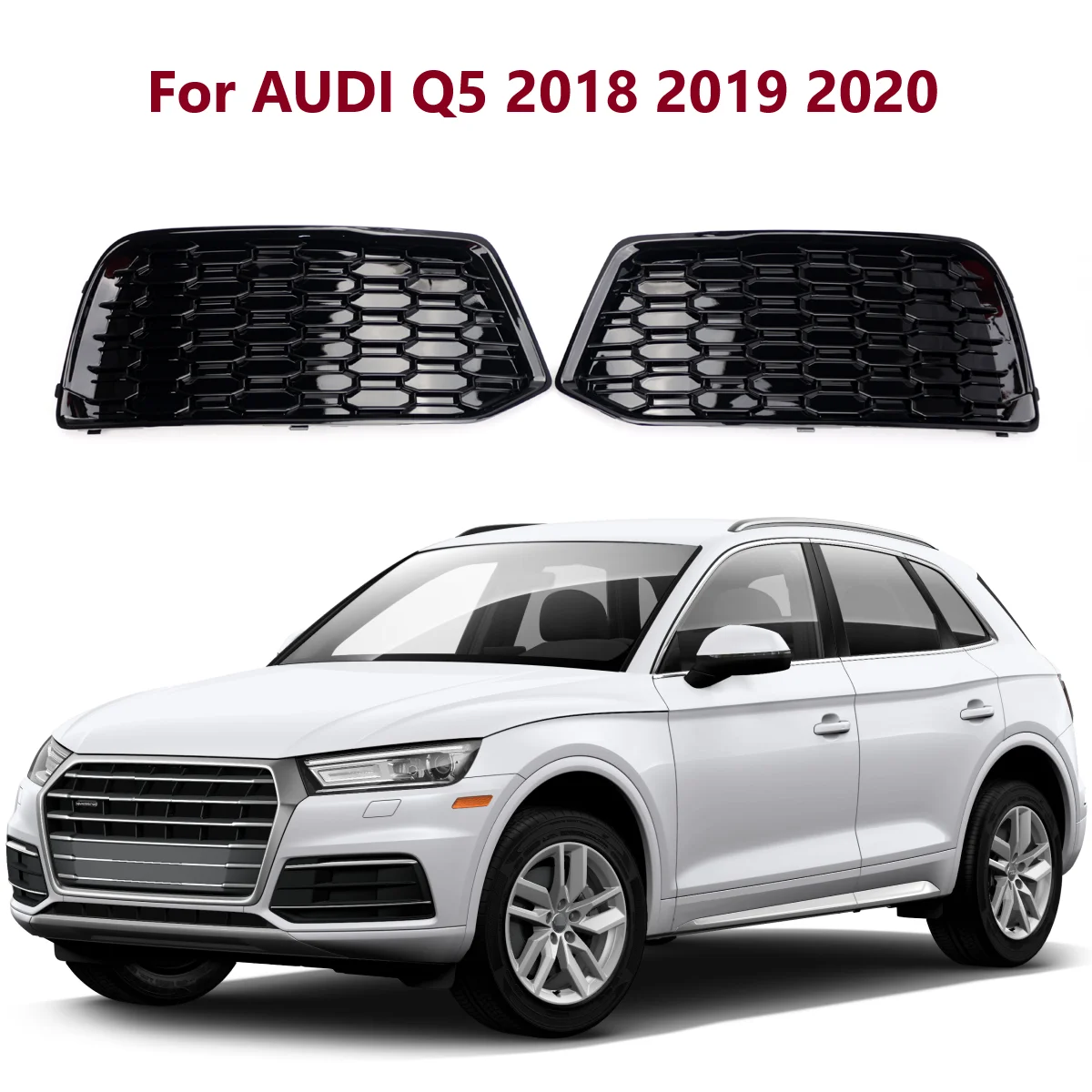 2PCS Fog Light Grille Gloss Black Front Bumper Cover Grille Bezel Insert Fit For Audi Q5 2018 2019 2020 2021 2022 80A807679D