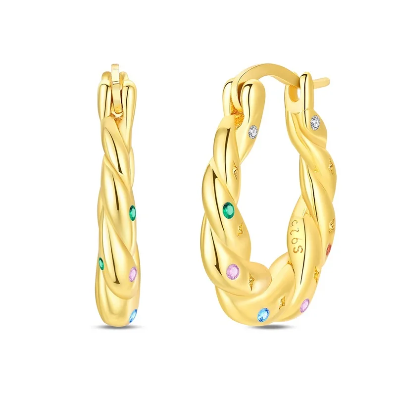 

New 925 Sterling Silver Colorful Zirconium Fried Dough Twists Gold Earrings For Women Fine Wedding Anniversary Jewelry Gifts