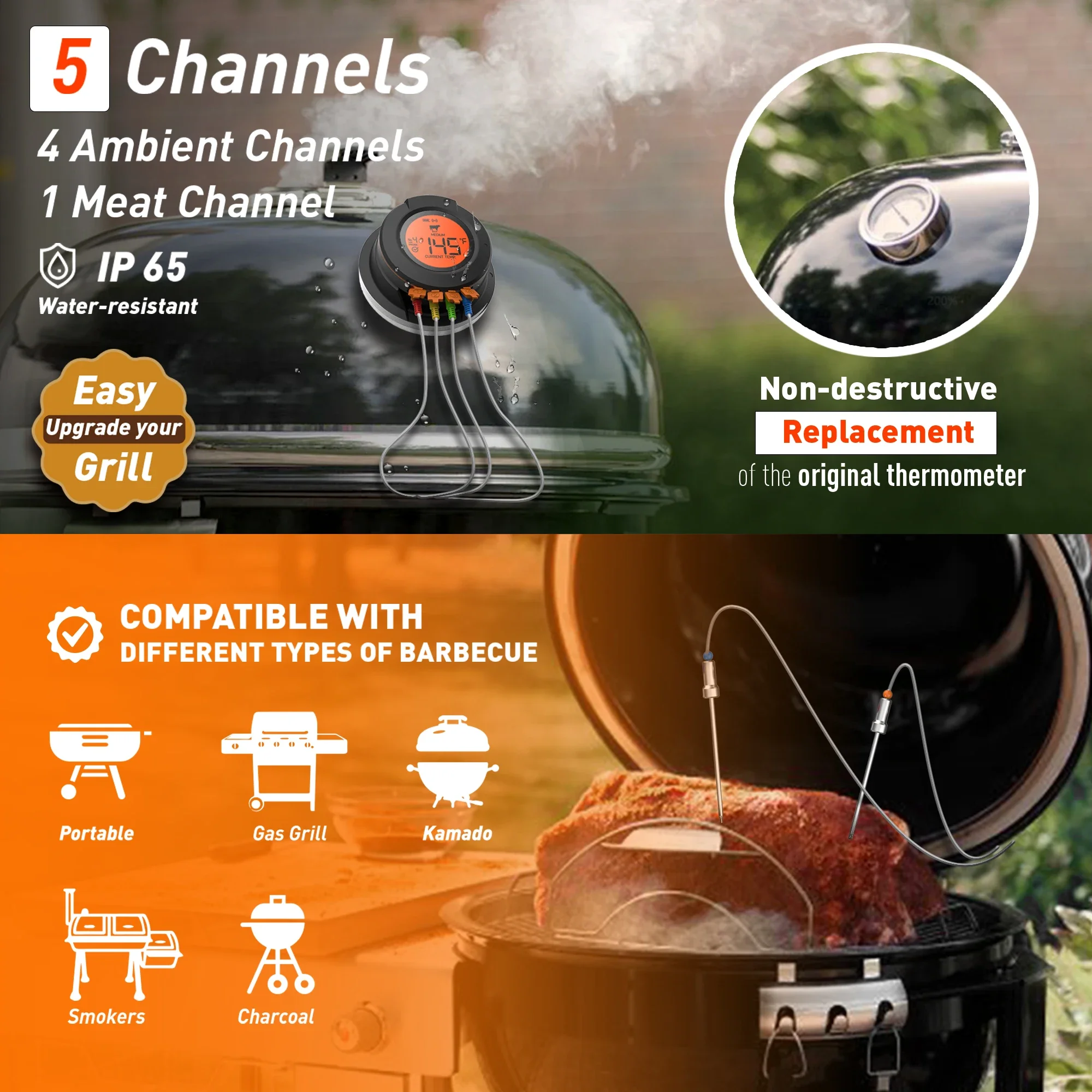 ميزان حرارة اللحوم اللاسلكي بتقنية البلوتوث مع 4 مجسات، ميزان حرارة طعام شواء رقمي ذكي لمدخن فرن الشواية، التحكم في التطبيق #2