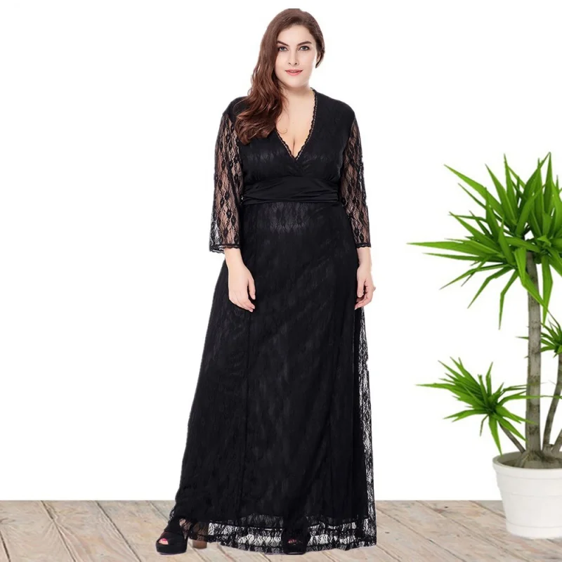 2024 European and American plus Size Women's Clothes V-neck Evening Long Black Cut-out 3/4 Sleeve Lace Dress