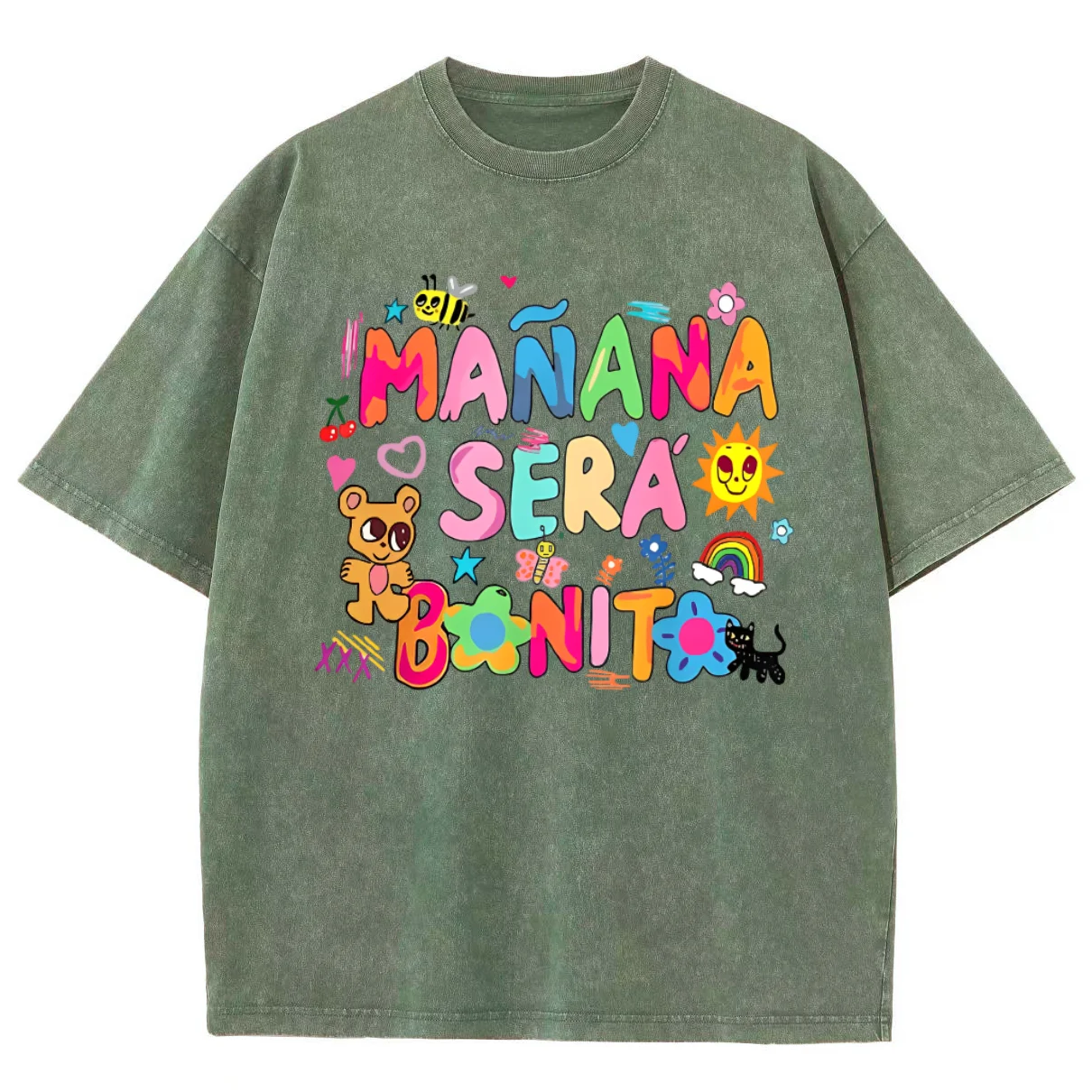 Loose Retro T-Shirt Cartoon Color Letters Rainbow Mouse Print Cute High Gram Weight Shoulder Down Trend New Short Sleeves