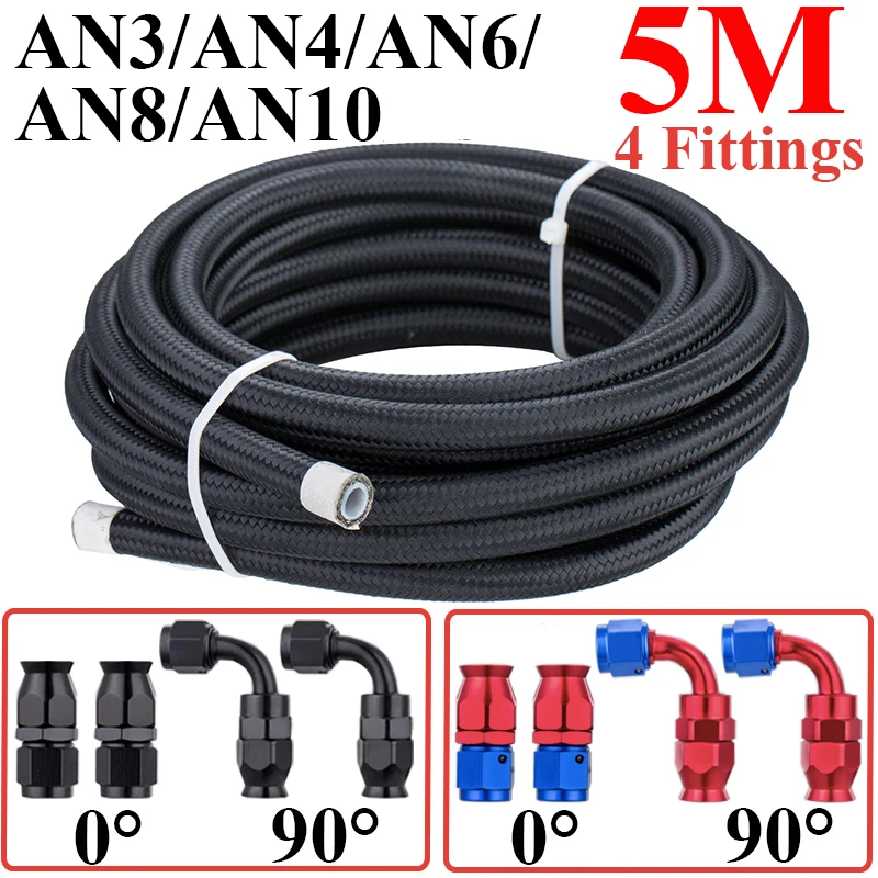 5M AN3 AN4 AN6 AN8 AN10 E85 PTFE Fuel Hose Oil Gas Cooler Hose Line Pipe Tube Nylon 0 90 Degree Swivel Hose End Fitting Adaptor