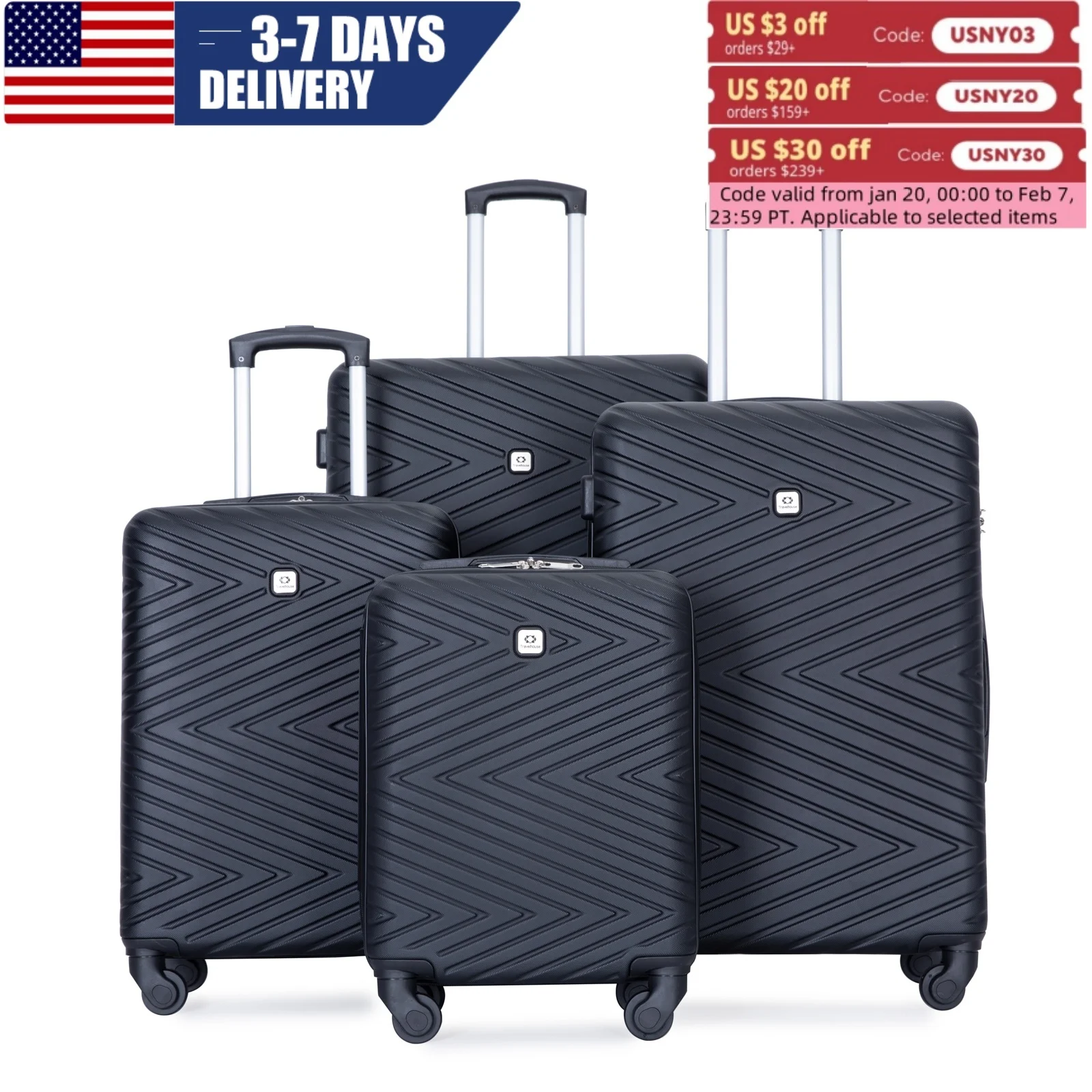 Travelhouse Luggage set 4-Piece ABS Suitcase With Spinner Wheels,24 Inch and 28 Inch with TSA Lock,16,20 inche Carry on Luggage