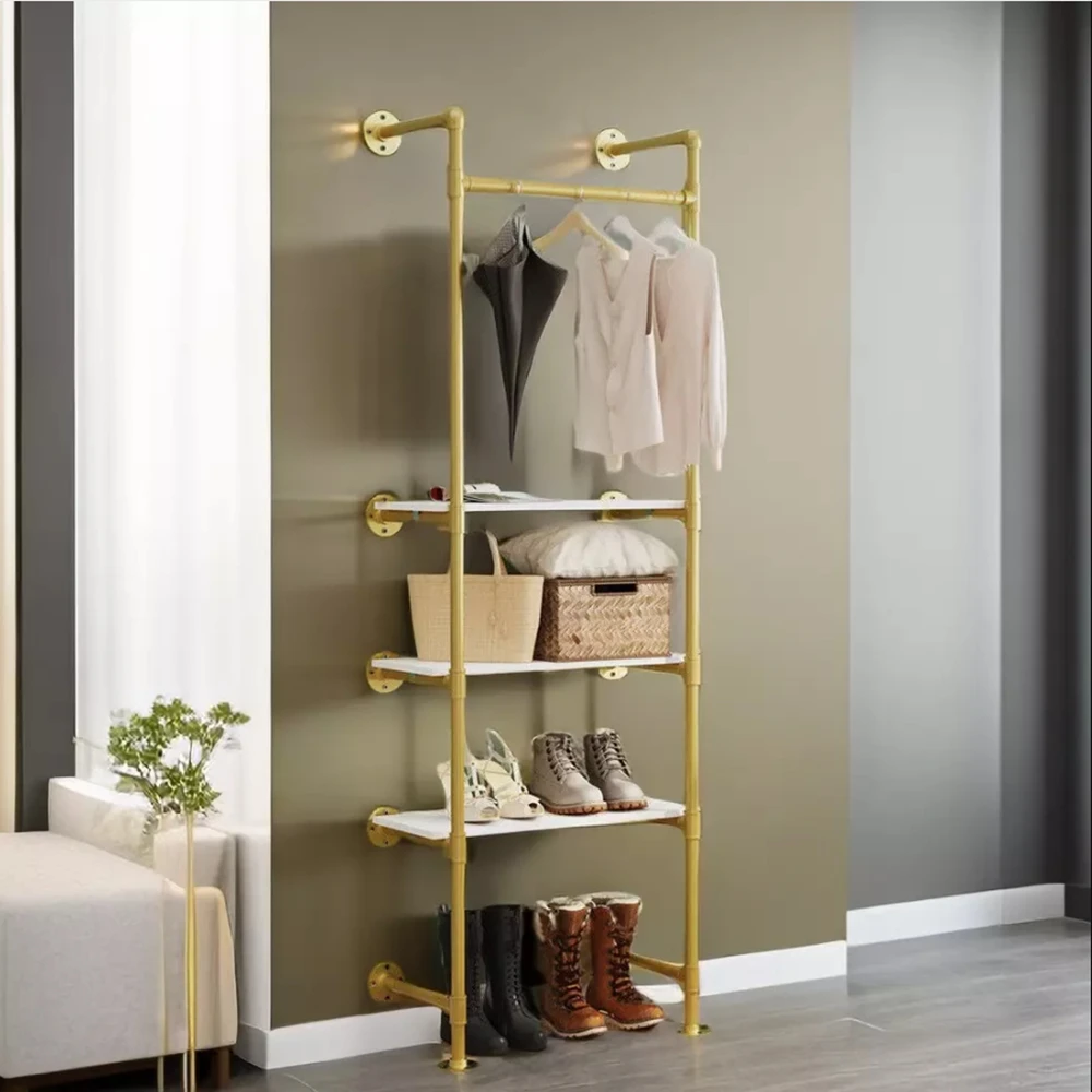 

Industrial Pipe Clothes Rack with Shelves Wall Mounted Garment Stand for Walk-in Wardrobe Space Saving