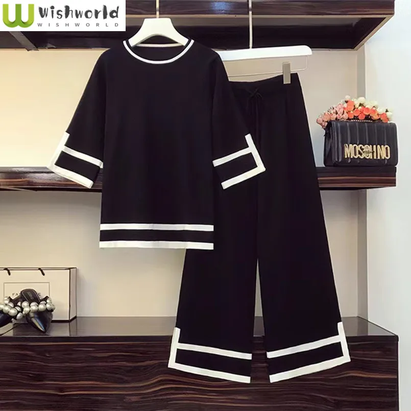 

Fashion Women's Set Spring Knitted Cardigan Top+slit Wide Leg Pants Elegant Women's Two-piece Set