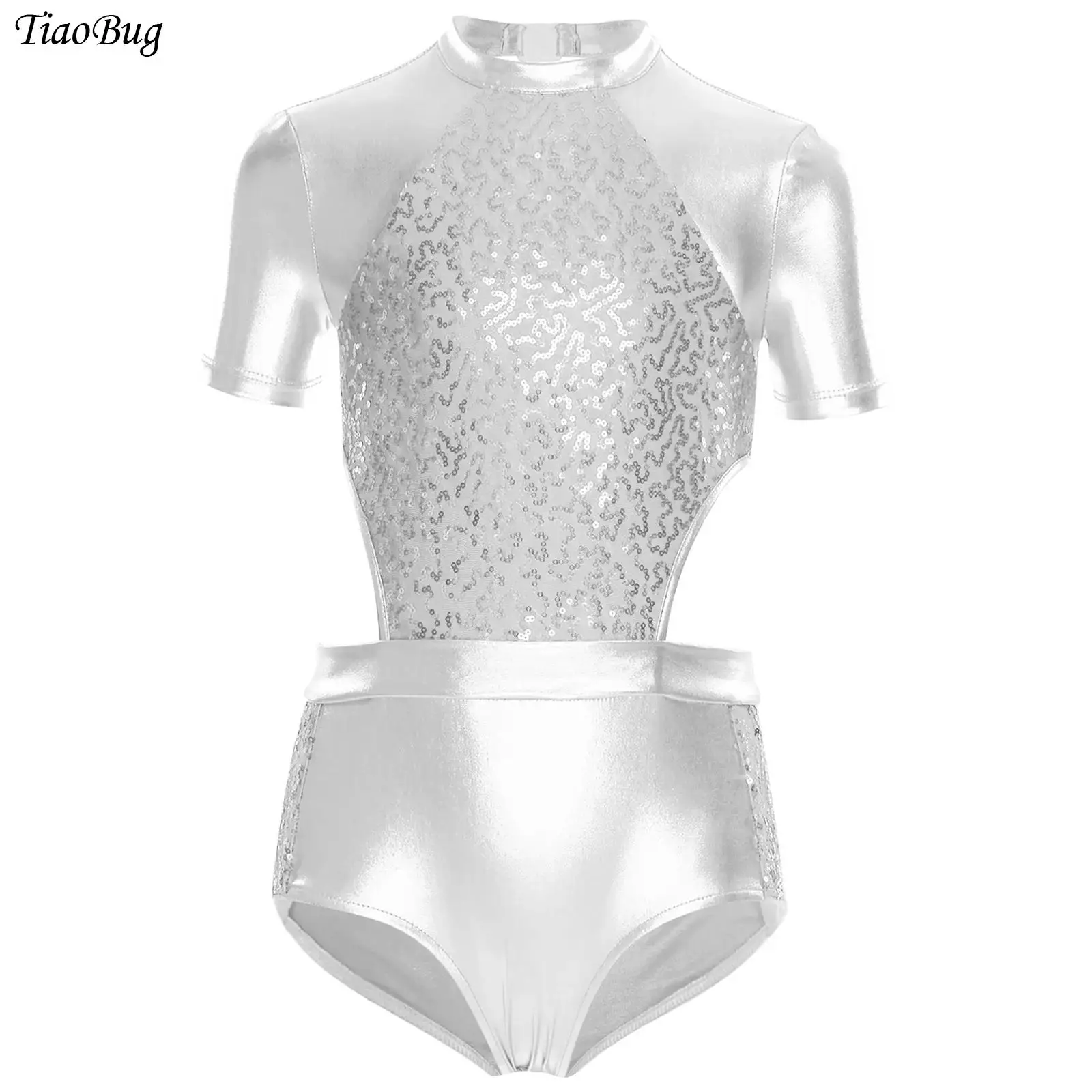 

Kids Girls Shiny Sequins Metallic Jazz Dance Performance Costume Gymnastics Ballet Leotard Crew Neck Short Sleeve Cutout Rompers