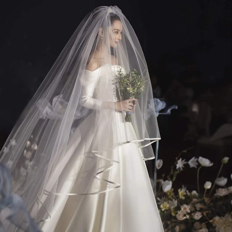 Customized Ribbon Edge Wedding Veils Tulle Long Bridal Veil Two Layer Bridal Veil Long Bridal Party Veils Wedding Accessories