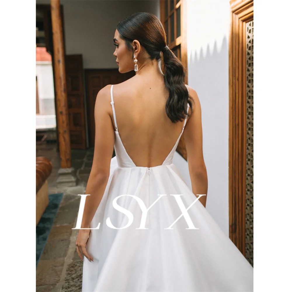 LSYX Customized Perfect High-Low Square Neck Crepe A-Line Short Wedding Dress Pleats 3D Flower Open Back Mid-Length Bridal Gown