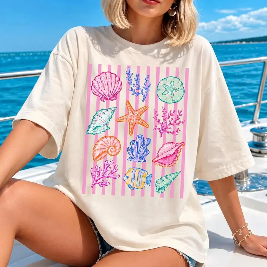 2026 Fashion New Women 100% Cotton Graphic Tee Striped Seashell Starfish Coral Sketch Print Vacation Weekend Casual Basic Top Tee