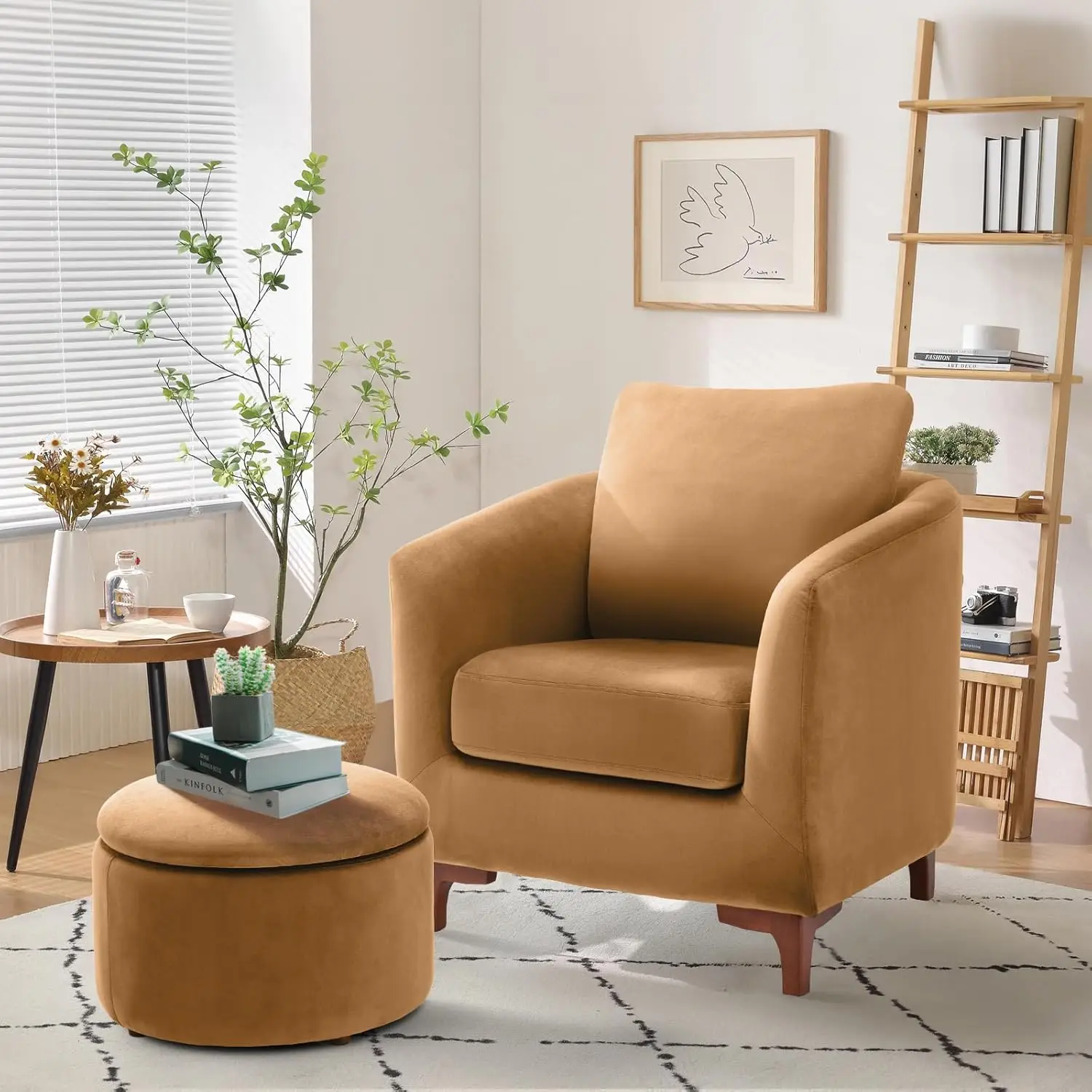 

Velvet Accent Chair with Storage Ottoman Set Upholstered Barrel Living Room Chair with Footrest Light Brown