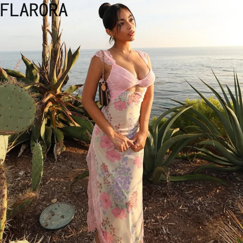 

FLARORA Sexy Lace Patchwork Dresses Woman Summer Vacation Style Floral Print Hollow Slim Dress Elegant Party Clubwear Vestidos