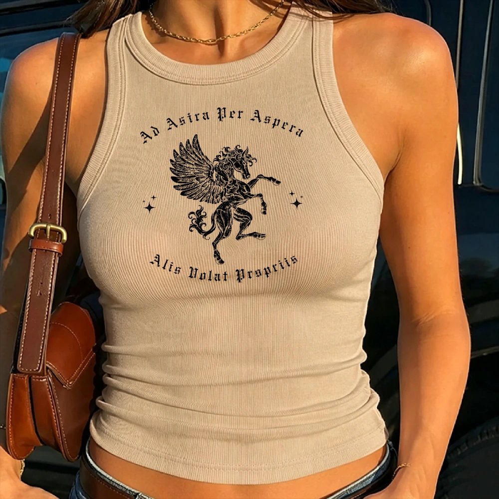 Vintage Women Y2K Ribbed Crop Tank Retro Star Accent Pegasus Graphic Classic Latin Ad Astra Per Aspera Fashion Academic Tank
