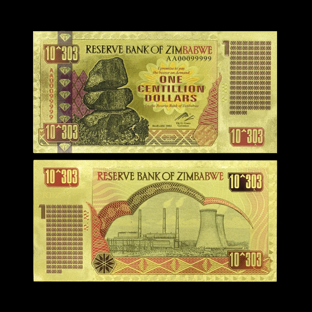 

Zimbabwe Gold Foil Banknotes One Centillion Dollar with Fluorescent Effect Business Gift