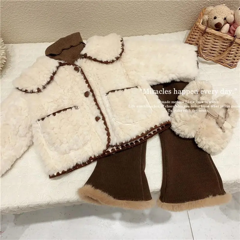 

2023 Winter Girls Baby Soft Fur Jackets+thick Clothing Set Warm Long Pants,Kids Elegant Girl Birthday Princess Suits Clothes