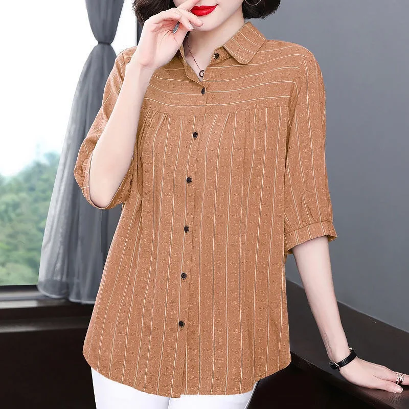 2024 Summer Three Quarter Polo-Neck Large Size Women\'s Clothing Solid Color Striped Temperament Office Lady Shirt Slim Tops