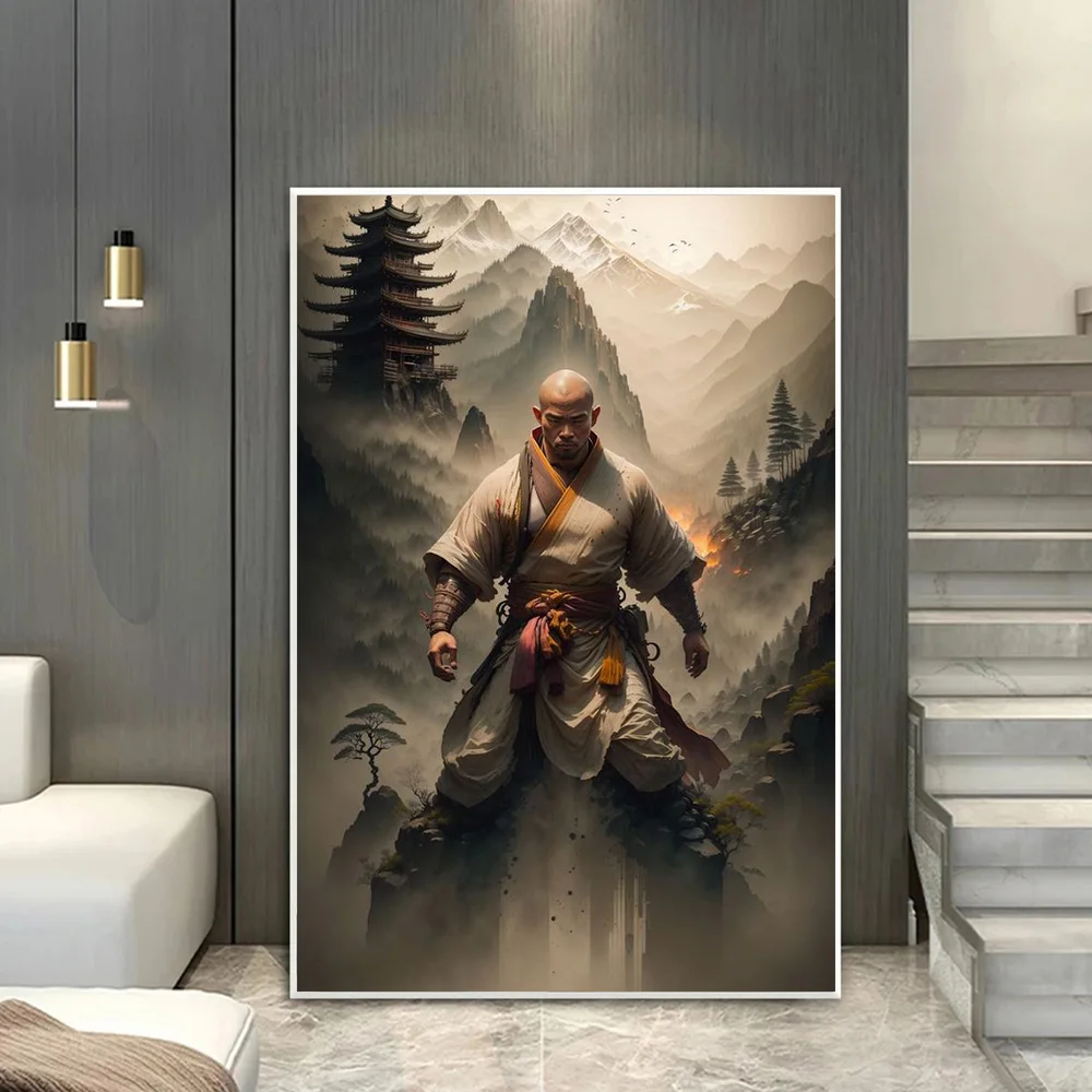 شاولين معبد الراهب المحارب المشارك يطبع لغرفة المعيشة ، ديكور المنزل ، الصينية KongFu البوذية قماش اللوحة ، جدار الفن