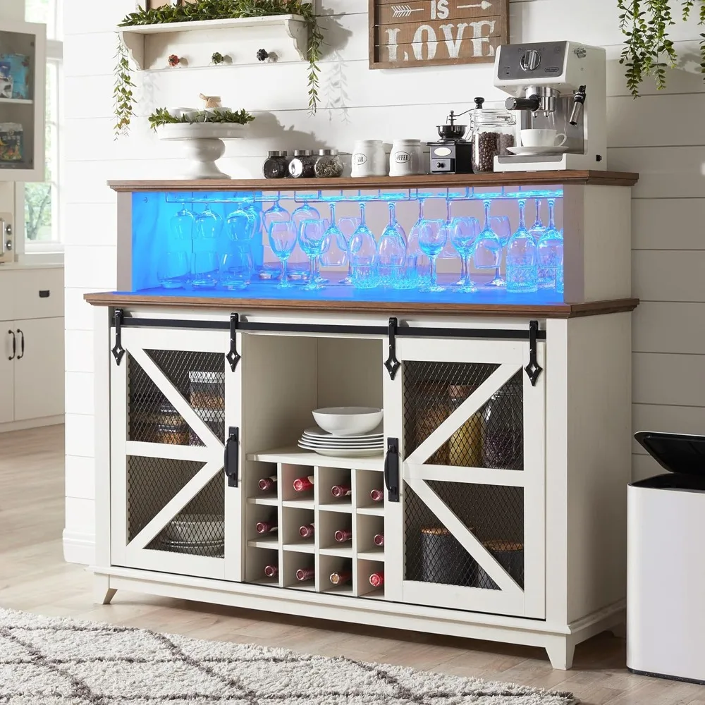 Armoire de bar avec lumières LED, armoire de bar à vin de 55 "avec porte de grange marketet vin et verre T1, armoire de planche avec étagères de rangement