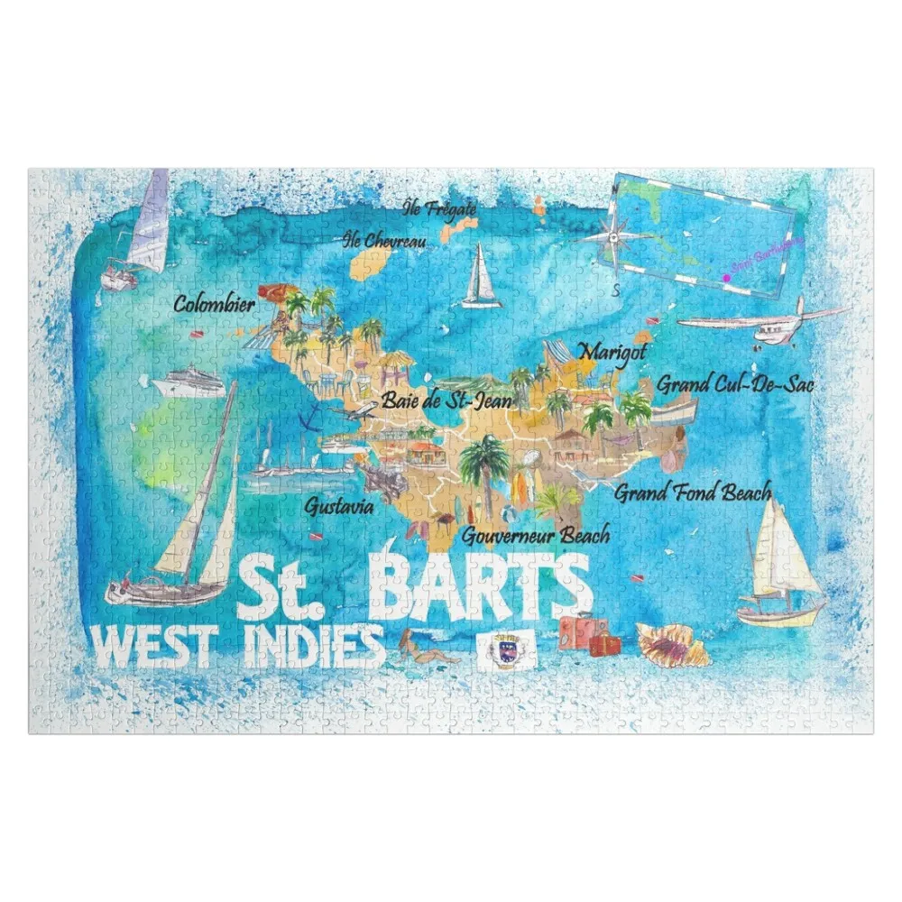St Barts Antilles Illustrated Caribbean Map with Highlights of West Indies Island Dream Jigsaw Puzzle Personalize Puzzle