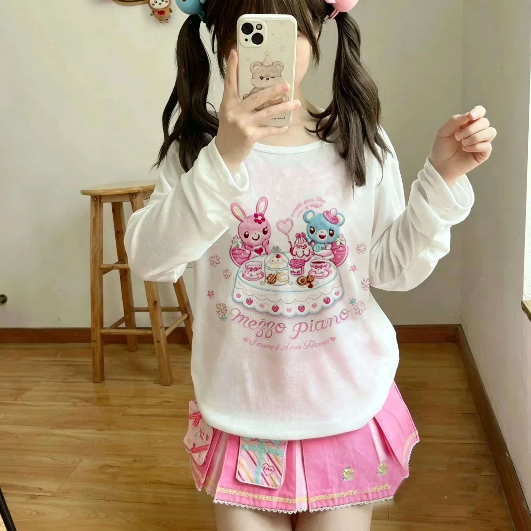 

Cute Rabbit Print Long Sleeve Transparent Sun Protection Shirt Sweet Girl's F-Shirt Soft Material Commute Style Loose Fit