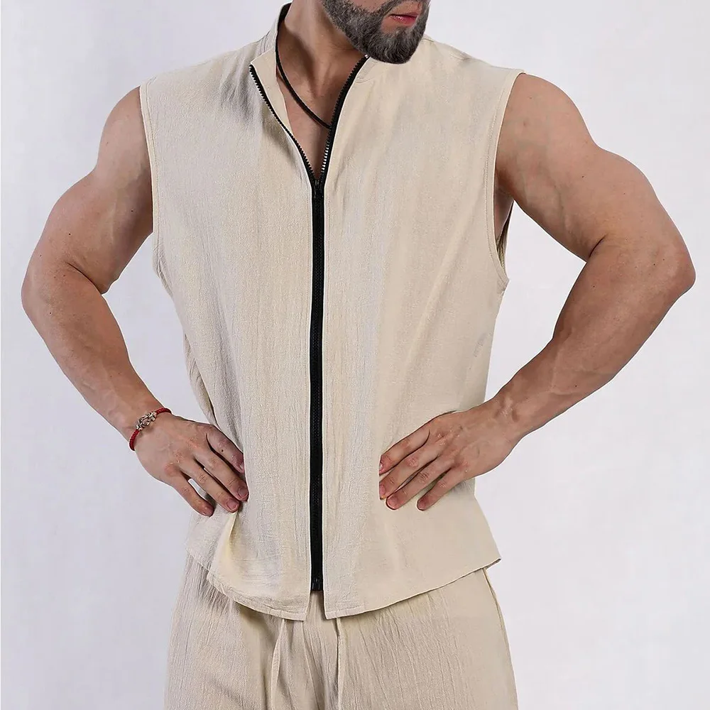 Mens Vest Cotton Linen Thin Zipper Cardigan Sleeveless Vest Summer Casual Gym Sports Jersey Bicycle Men's Clothing Unisex 2024