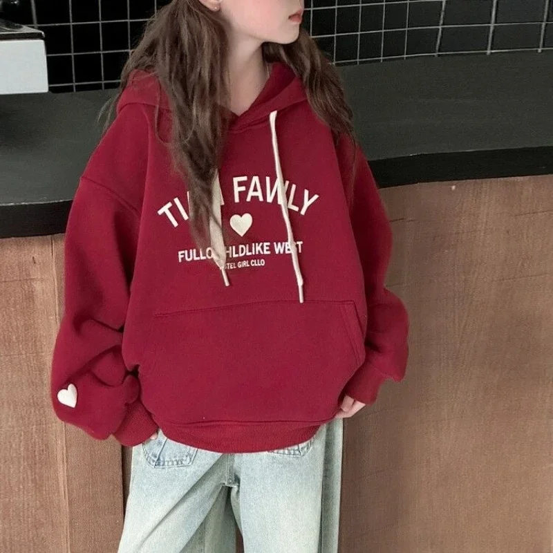 Girls Fleece Hoodie Autumn Winter Thick Sweatshirt Casual Korean Style Kids Tops
