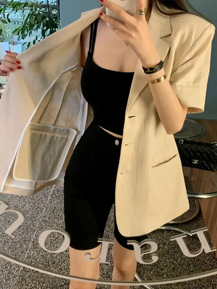 Korean Fashion Office Lady Temperament OL Suit Jacket Solid Cotton Linen Single Breasted Casual Women Short Sleeved Suit Jacket