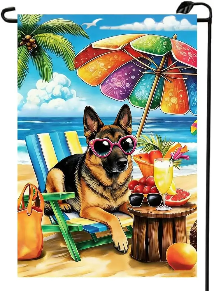 Beach German Shepherd Garden Flag 12x18 Double Sided | Small Burlap Seasonal Farmhouse Dog Garden Flags Summer Decorations O uui