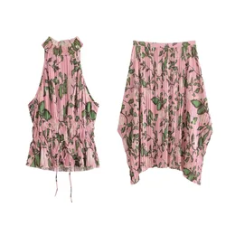 Taop&Za 2024 Summer New Product Women's Fashion and Casual Slim Fit Printed Small Pleated Top Printed Pleated Skirt Set