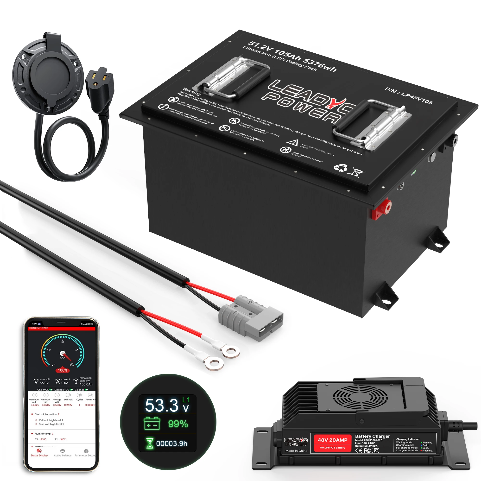 

48V(51.2V) 105Ah 250Amp Golf Cart Lithium LiFePO4 Battery 6000+Cycles with LCD display and Bluetooth Monitoring+App+20A Charger