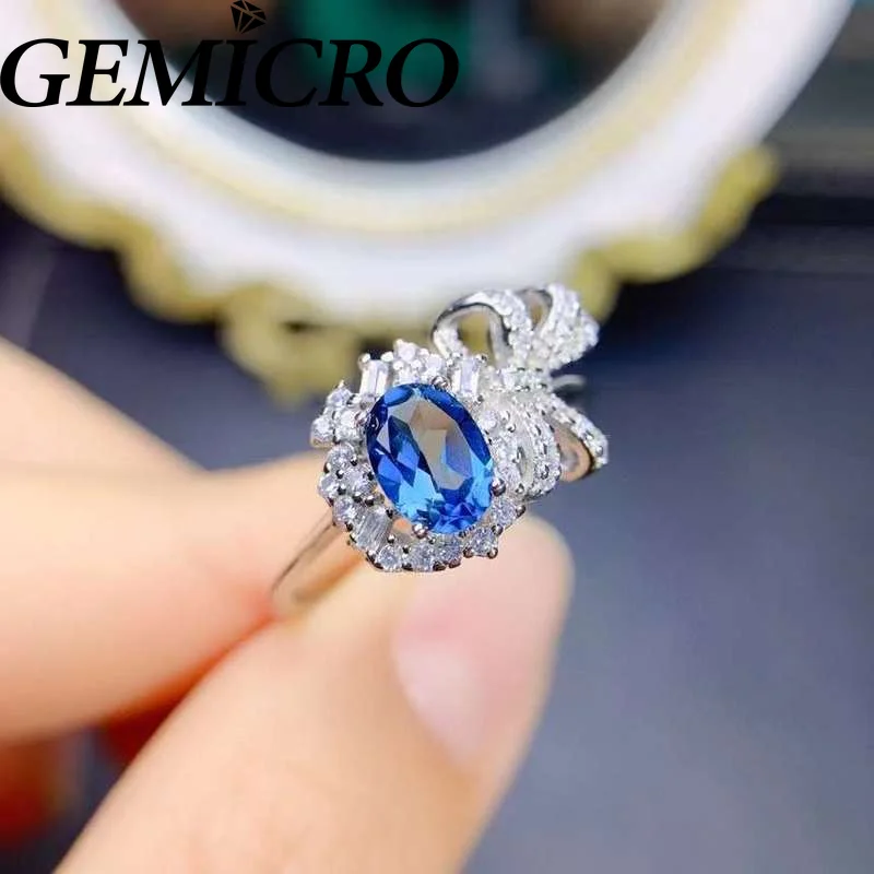 

Gemicro 925 Sterling Silver Jewelry 5*7mm Natural London Blue Topaz Engagement Wedding Ring Women Wear Gift Luxury Gold Plated